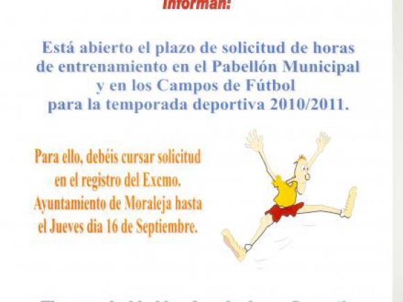 ESTÁ ABIETO EL PLAZO DE SOLICITUD DE HORAS DE ENTRENAMIENTO, PABELLON MUNICIPAL Y CAMPOS DE FÚTBOL