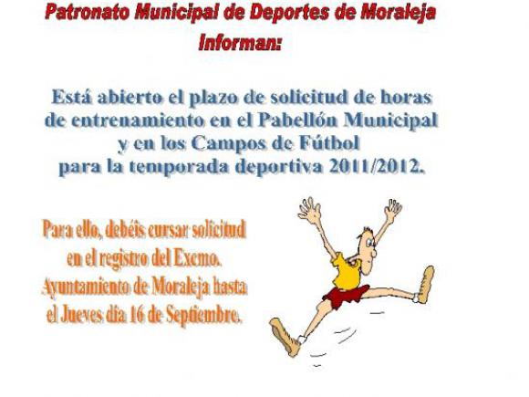 ABIERTO EL PLAZO SE SOLICITUDES DE HORA DE ENTRENAMIENTO EN EL PABELLON Y CAMPOS DE FÚTBOL
