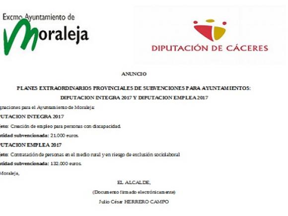 TRES PUESTOS DE TRABAJO CON CARACTER TEMPORALAL AMPARO DEL PLAN EXTRAORDINARIO “DIPUTACIÓN EMPLEA 2017” PARA MORALEJA 1 MONITOR DE OCIO Y TIEMPO LIBRE, 1 TÉCNICO DE IGUALDAD,  1 TÉCNICO DE AFECTIVO-SEXUALIDAD