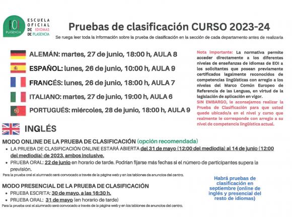 ESCUELA OFICIAL DE IDIOMA PRUEBAS DE CLASIFICACION CURSO 2023-24