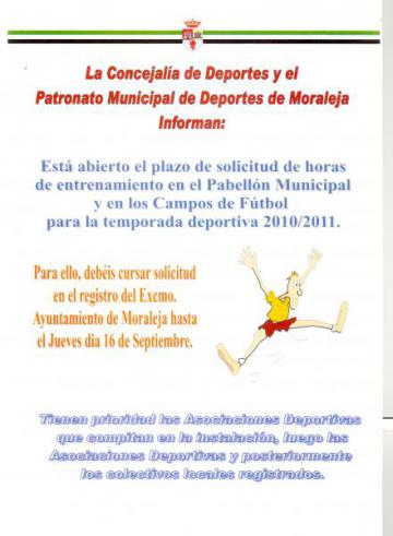 ESTÁ ABIETO EL PLAZO DE SOLICITUD DE HORAS DE ENTRENAMIENTO, PABELLON MUNICIPAL Y CAMPOS DE FÚTBOL