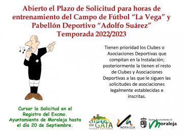 Abierto el Plazo de Solicitud para horas de entrenamiento del Campo de Fútbol “La Vega” y Pabellón Deportivo “Adolfo Suárez” Temporada 2022/2023