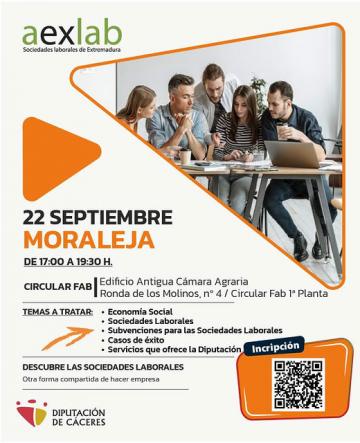 MORALEJA ACOGERÁ EL PRÓXIMO 22 DE SEPTIEMBRE UN TALLER PARA DESCUBRIR LAS SOCIEDADES LABORALES COMO UNA ALTERNATIVA PARA EMPRENDER Y GENERAR EMPLEO ESTABLE EN EXTREMADURA.