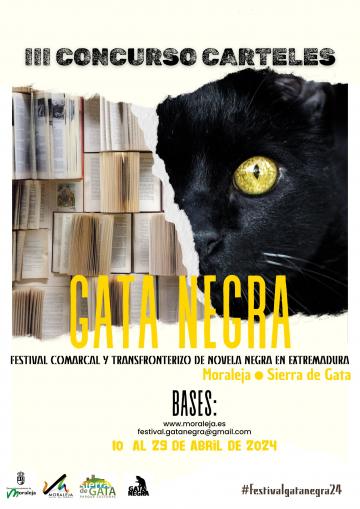 CARTEL ANUNCIADOR DEL FESTIVAL DE NOVELA NEGRA COMARCAL Y TRANSFRONTERIZO DE EXTREMADURA GATA NEGRA