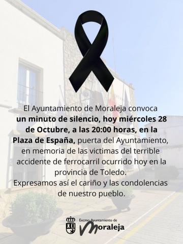 EN MEMORIA DE LAS VÍCTIMAS DEL TERRIBLE ACCIDENTE DE TRENES SMORALEJA CONVOCA UN MINUTO DE SILENCIO, HOY MIÉRCOLES 28 DE OCTUBRE, A LAS 20:00 HORAS, EN LA PLAZA DE ESPAÑA, SE